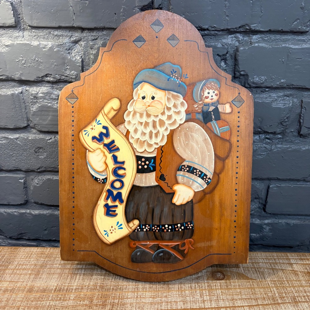 Vintage Hand Painted Wooden Santa Welcome Sign Folk Art Christmas Wall Decor